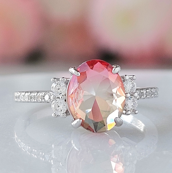 Oval cut peach anf pink gemstone ring, 925 Sterling Silver Charmed Aroma - Picture 2 of 5